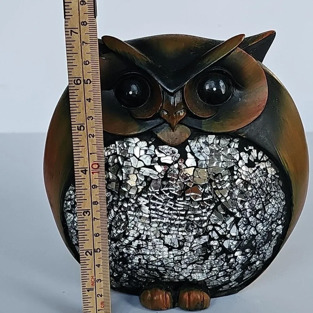 Vintage Mosaic Mirror Owl Wood Figurine Decor Home Shiny Outdoor Woodsy 1692